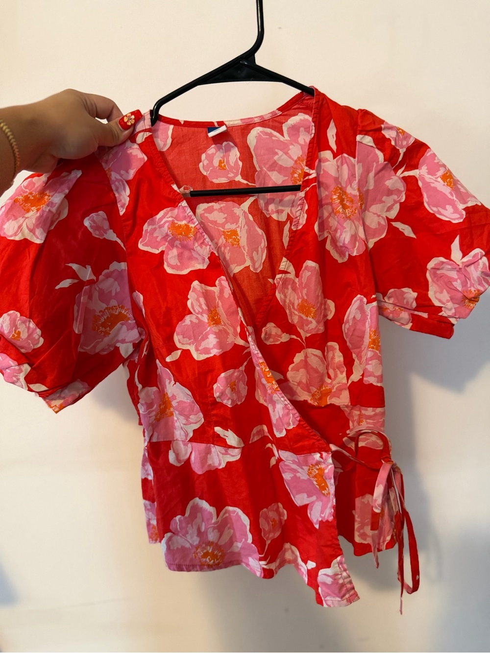 Old Navy Red Wrap Blouse with Pink Floral Print